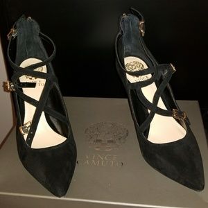 Vince Camuto Black Suede Pointed Toe Strappy Heels